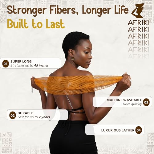 AFRIKI African Net Sponge – Exfoliating Body Scrubber, Black Owned & Rooted in Africa, All Skin Types | 45 in Long (Dark Green & Champagne Gold) - Image 3