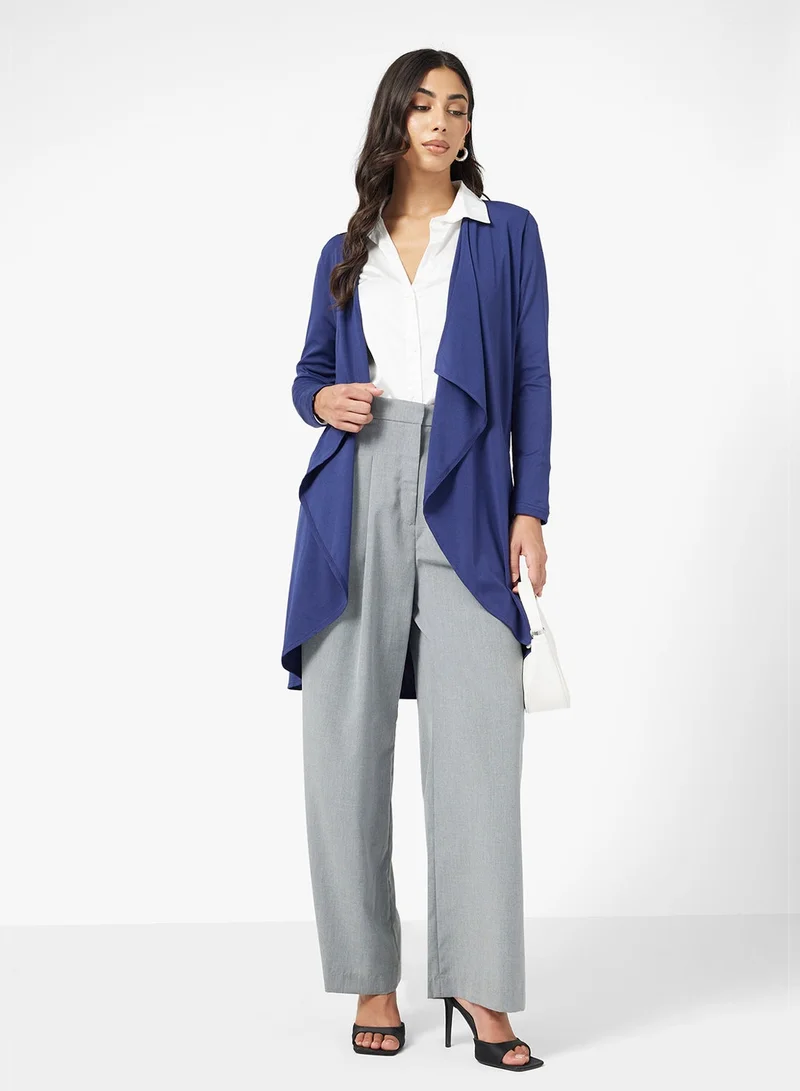 FYOR Elegant Navy Blue Longline Cardigan with Pockets