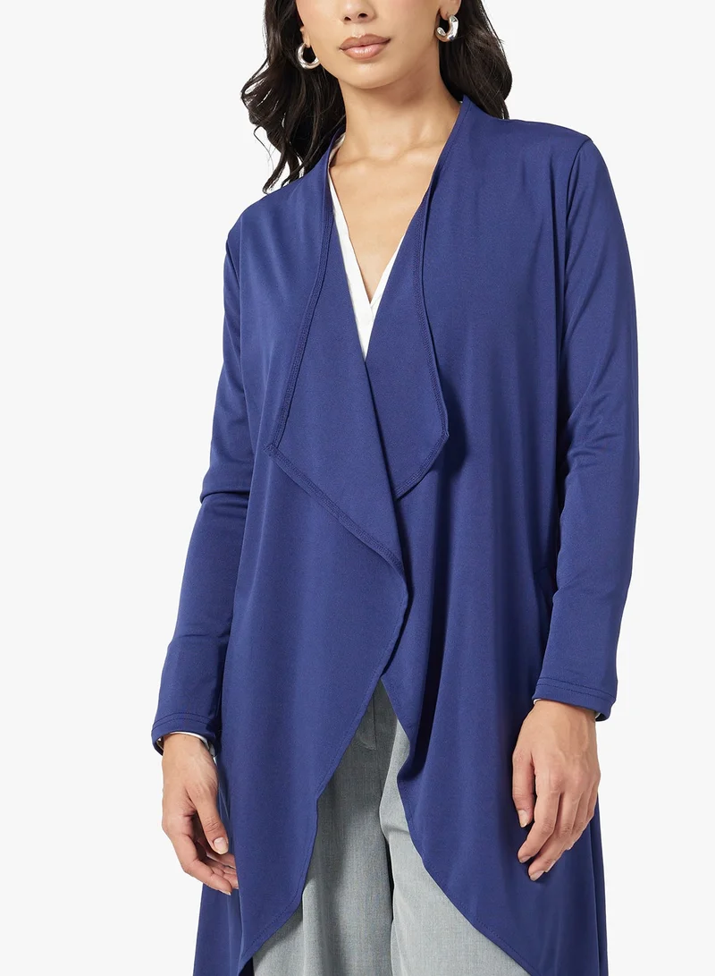 FYOR Elegant Navy Blue Longline Cardigan with Pockets