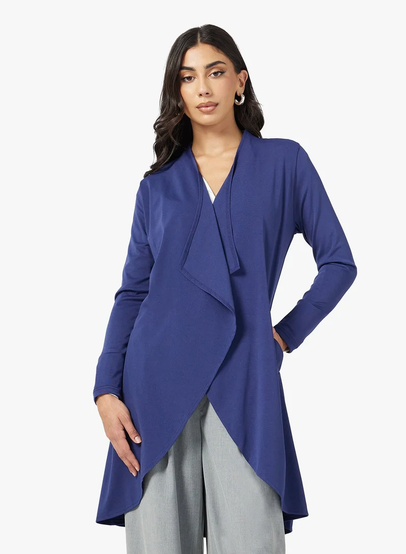 FYOR Elegant Navy Blue Longline Cardigan with Pockets
