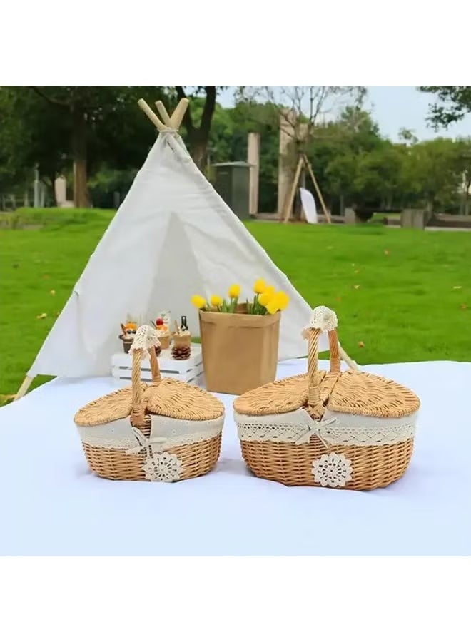 Outdoor Picnic Camping Storage Basket, Handwoven Rattan Shopping Holder Basket with Lid, Portable Kitchen Storage Basket For Outdoor Picnic （26cm x 18cm x 16cm） - Image 4