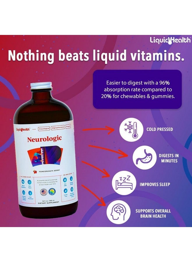 ليكويد هيلث LIQUIDHEALTH Brain Booster Neurologic Liquid Vitamins دعم الذاكرة والتركيز للبالغين والتعلم واليقظة المعرفية الصحية وفيتامينات متعددة لغذاء الدماغ 32 أونصة سائلة (عبوتان) - Image 2