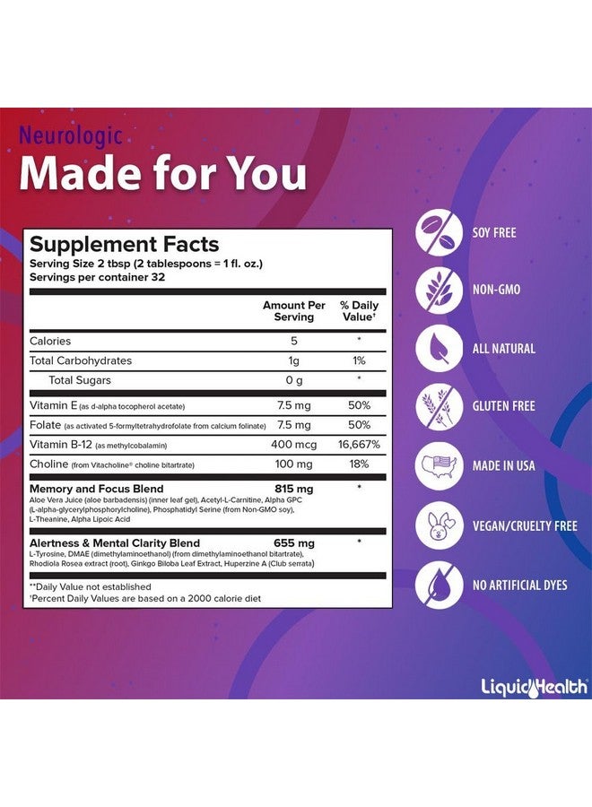 ليكويد هيلث LIQUIDHEALTH Brain Booster Neurologic Liquid Vitamins دعم الذاكرة والتركيز للبالغين والتعلم واليقظة المعرفية الصحية وفيتامينات متعددة لغذاء الدماغ 32 أونصة سائلة (عبوتان) - Image 5