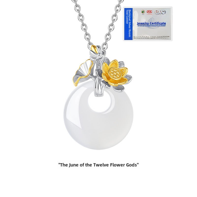 Generic Original Jadeite Floral Silver Necklace Lotus + certificate 