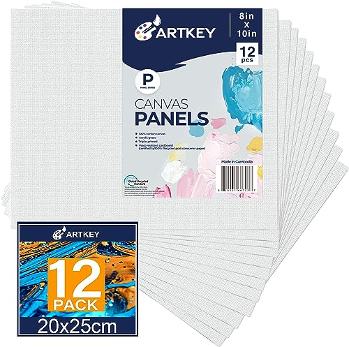Artkey Canvases for Painting 8x10 Inch 12Pack 10 oz Primed 100 Cotton White Blank Canvas Boards for Painting Art Supplies Paint Canvas Panels for Acrylic Oil Watercolor Tempera Paints