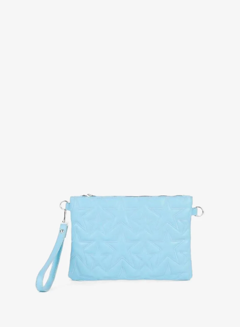 Women's Baby Blue Star Embroidered Synthetic Leather Wrist and Chain Strap Portfolio Handbag and Clutch