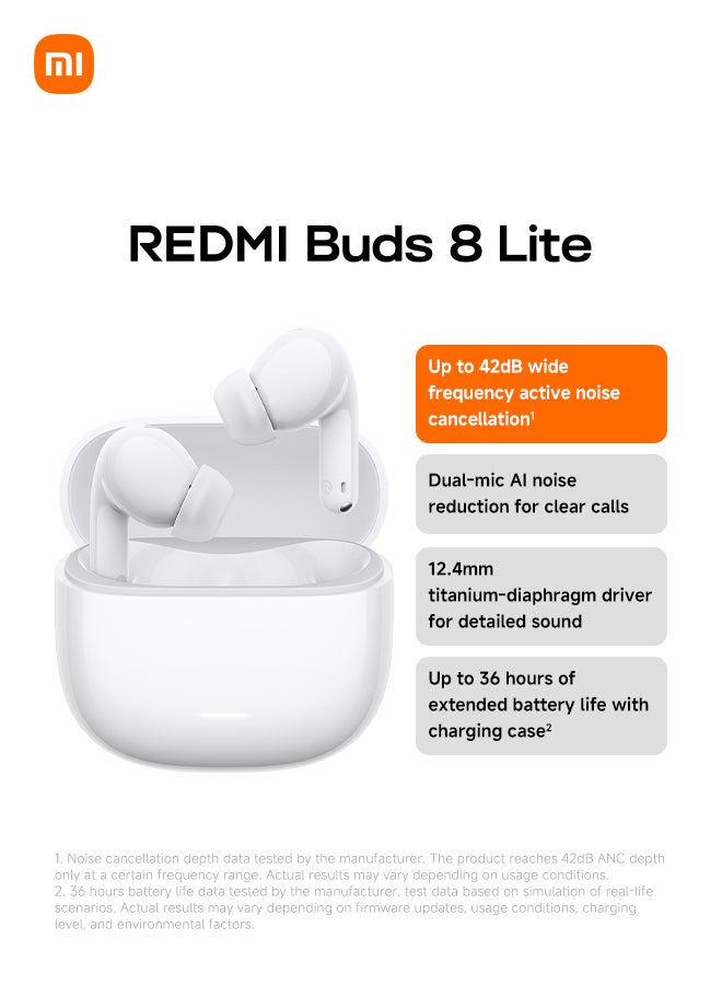 Xiaomi Redmi Buds 8 Lite Wireless Earbuds, 42dB Hybrid Active Noise Cancellation, 8H/36H Battery, 12.4mm Dynamic Driver, Fast Charging, Dual-Mic Clear Calls, Google Fast Pair, White - Image 1