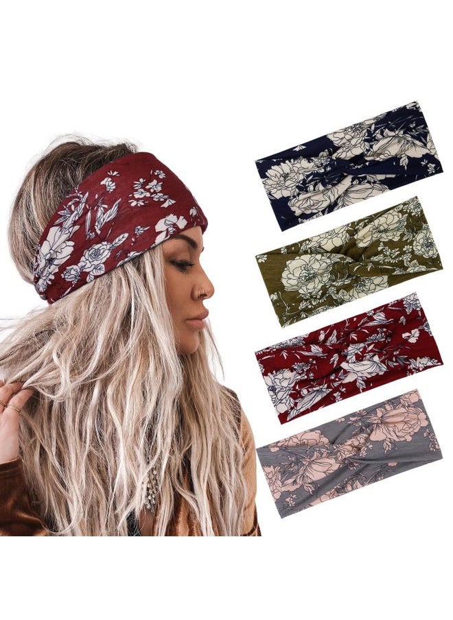 AKTVSHOW Headbands for Women Knotted Headband Elastic Head Bands Women's Hair Band Non-Slip Turban Boho Printed Stylish Sport Sweat Hair Wrap for Girls Cute Hair Accessories 4PCS  - Image 1