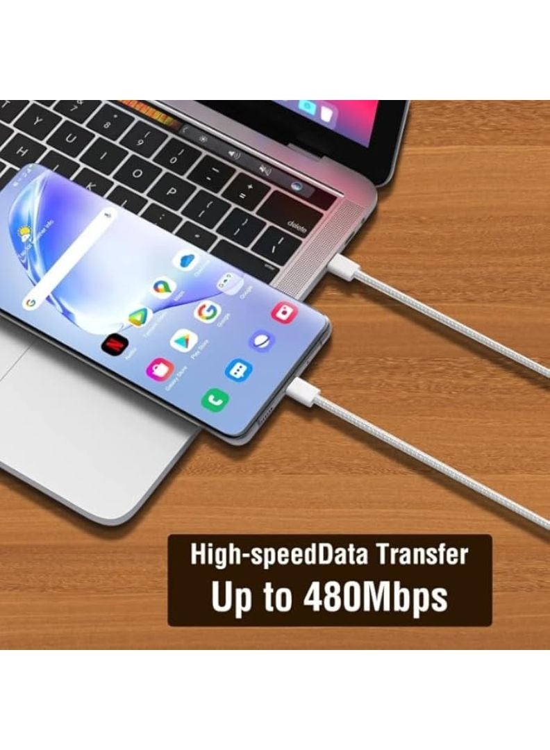 كابل USB-C إلى USB-C عالي الجودة – شحن سريع PD بقوة 60 واط ونقل بيانات – أبيض - Image 3