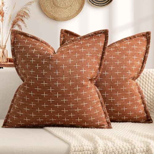 ZWJD Fall Pillow Covers 20x20 Set of 2 Soft Polyester Textured Rust Pillow Covers with Stylish Flange Edge Cozy Farmhouse Throw Pillows for Couch Bed Sofa Living Room Fall Decor - Image 1