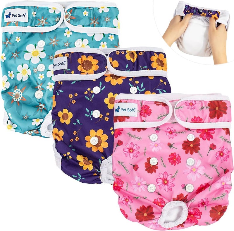 Pet Soft Washable Female Diapers (3 Pack) – Female Dog Diapers, Comfort Reusable Doggy Diapers for Girl Dog in Period Heat (Cute Flower, L) - Image 1