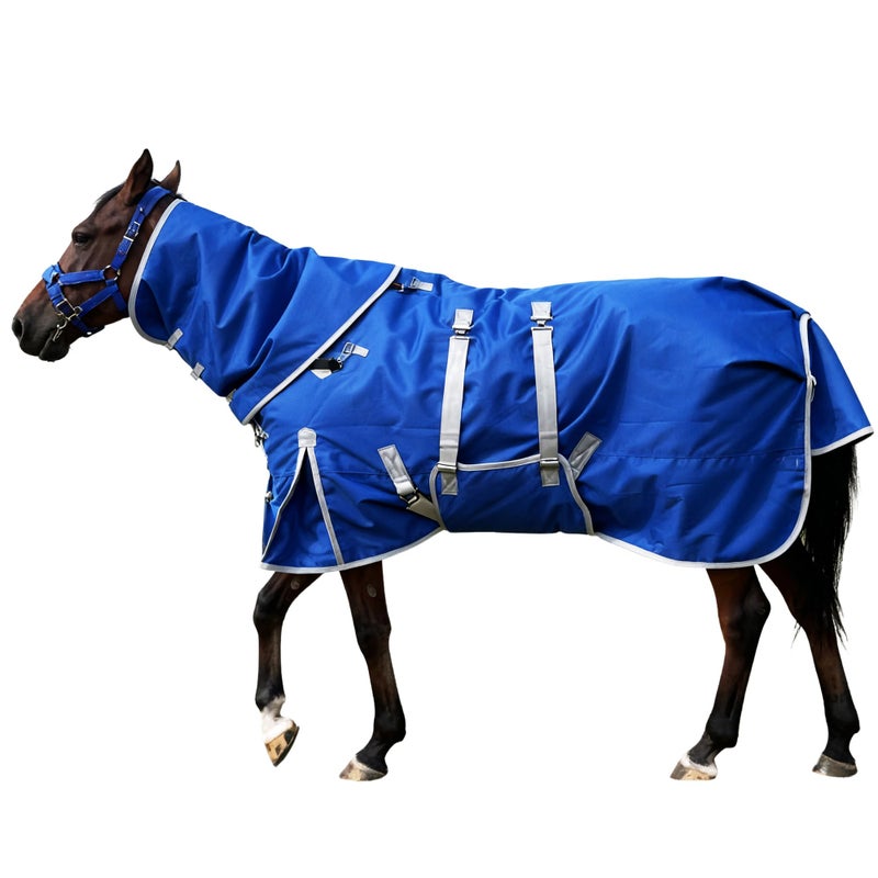 AQINGR بطانية خيل AQINGR، بطانية شتوية مقاومة للماء 1200D، بطانية خيل شتوية مع غطاء للرقبة ولف للبطن وزن متوسط مع بطانة من بوليستر بوزن 220 جرام، (155 سم-81 بوصة، أزرق) - Image 1