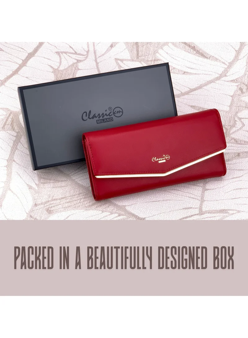 Classic Milano Red (JFL-6-(2236)) Classic Milano Premium Faux Leather Long Wallet for Women with Snap Closure | Ladies Wallet Card Holder Purse | Slim Women's Wallet for Daily Use, Travel, and Gifting for Women | Best Price UAE