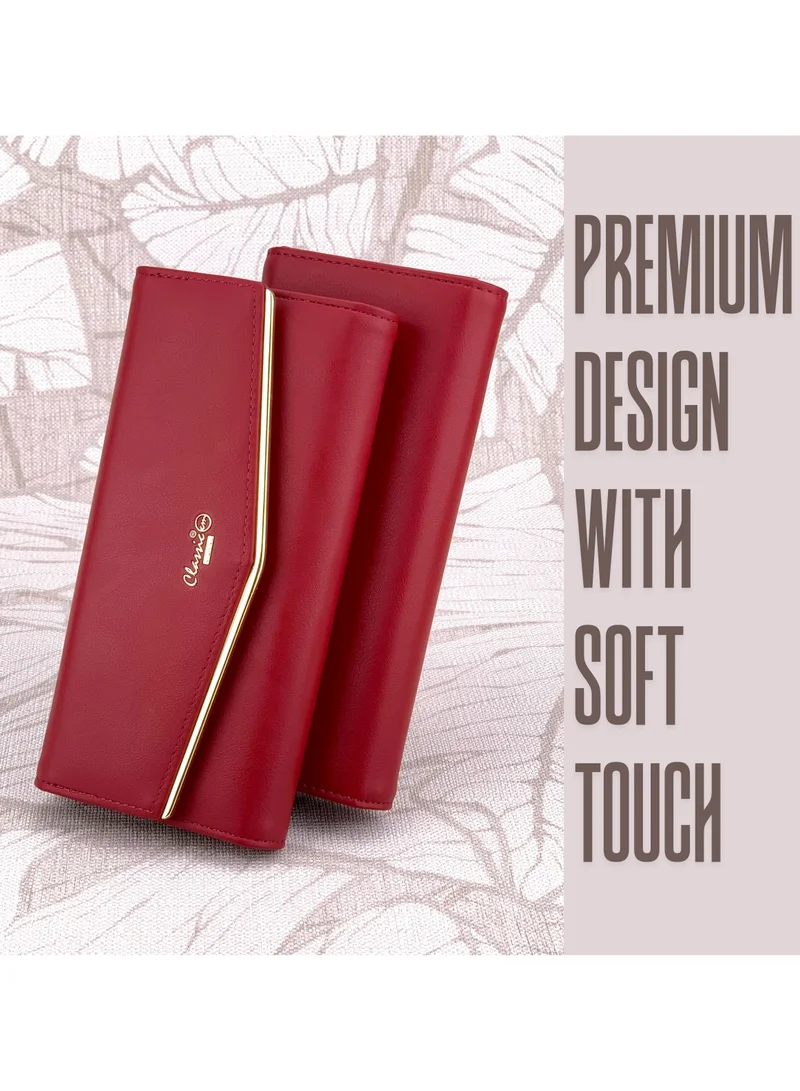 Classic Milano Red (JFL-6-(2236)) Classic Milano Premium Faux Leather Long Wallet for Women with Snap Closure | Ladies Wallet Card Holder Purse | Slim Women's Wallet for Daily Use, Travel, and Gifting for Women | Best Price UAE