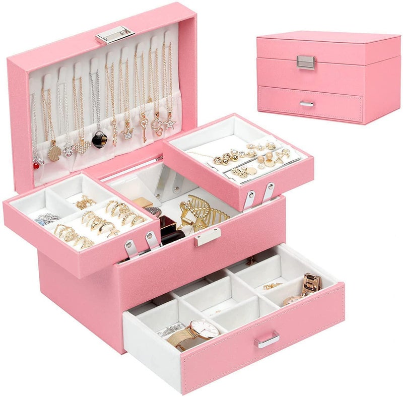 SIBY Pu Leather Jewelry Box Organizer For Women Girls|Two Sided Open Jewelry Display Case For Earrings Bracelets Rings|Makeup Vanity Organizer For Bride|Travel Jewel Necklace Holder, Pink - Image 1