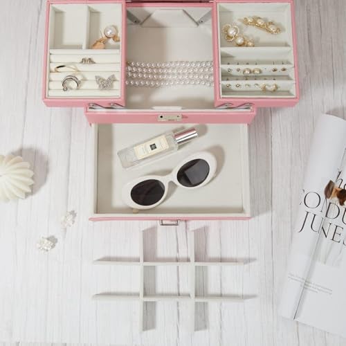 SIBY Pu Leather Jewelry Box Organizer For Women Girls|Two Sided Open Jewelry Display Case For Earrings Bracelets Rings|Makeup Vanity Organizer For Bride|Travel Jewel Necklace Holder, Pink - Image 5