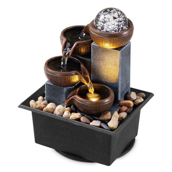 TABLETOP FOUNTAIN 4 LEVEL TABLETOP WATERFALL INDOOR MEDITATION FOUNTAIN OFFICE HOME RELAX DESKTOP WATERFALL POOL INCLUDES MANY NATURAL RIVER ROCKS LED LIGHTS FIXED DECORATIVE BUBBLE BALL