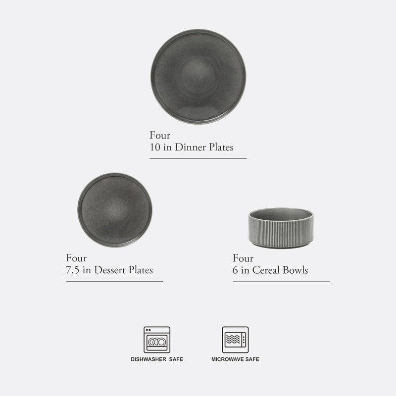 Gibson Elite Solana Coast 12 Piece Stoneware Reactive Glaze (Service for 4) Ceramic Plates and Bowls Modern Shape Embossed Dinnerware Set - Black - Image 2