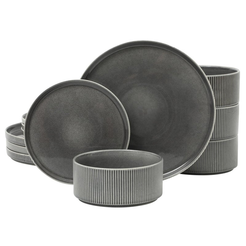 Gibson Elite Solana Coast 12 Piece Stoneware Reactive Glaze (Service for 4) Ceramic Plates and Bowls Modern Shape Embossed Dinnerware Set - Black - Image 1