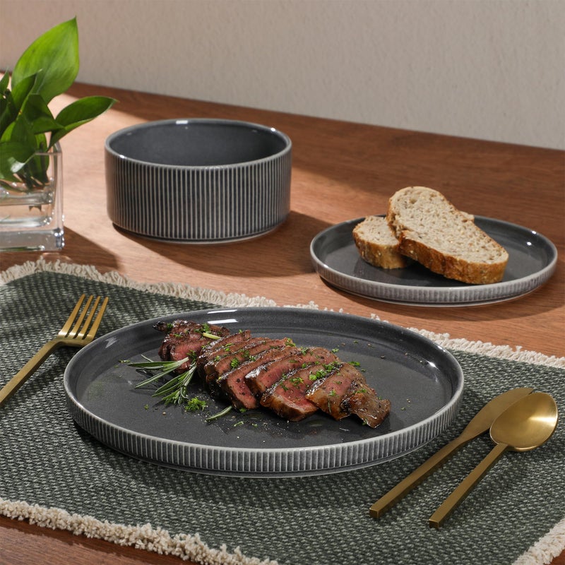 Gibson Elite Solana Coast 12 Piece Stoneware Reactive Glaze (Service for 4) Ceramic Plates and Bowls Modern Shape Embossed Dinnerware Set - Black - Image 5