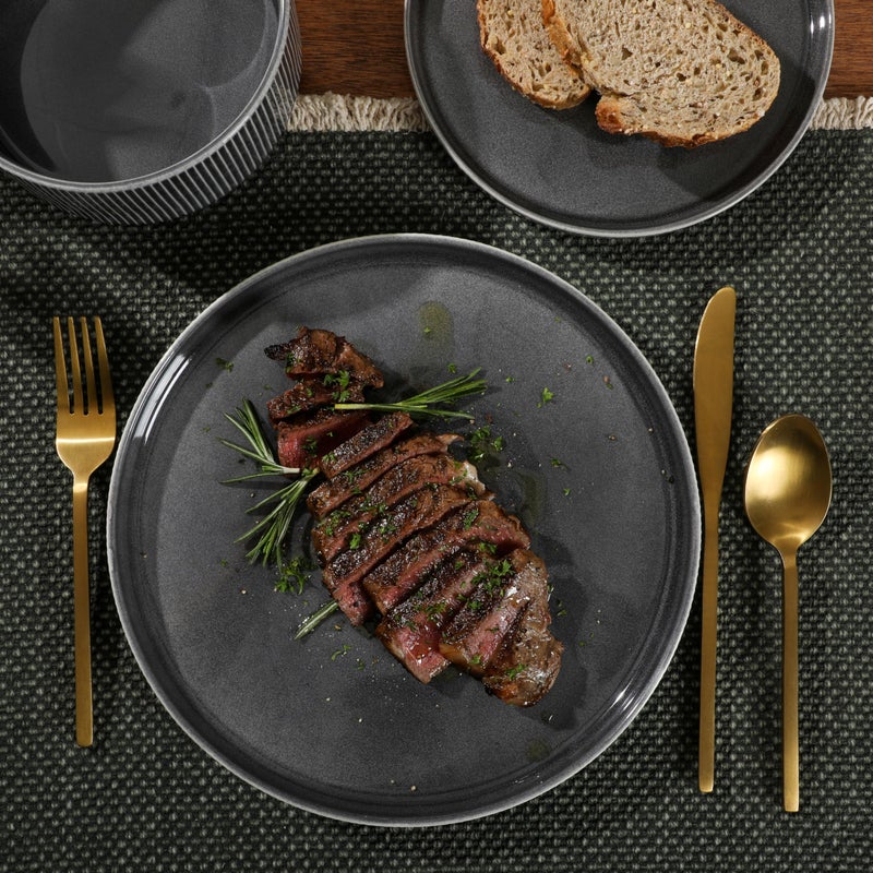 Gibson Elite Solana Coast 12 Piece Stoneware Reactive Glaze (Service for 4) Ceramic Plates and Bowls Modern Shape Embossed Dinnerware Set - Black - Image 4
