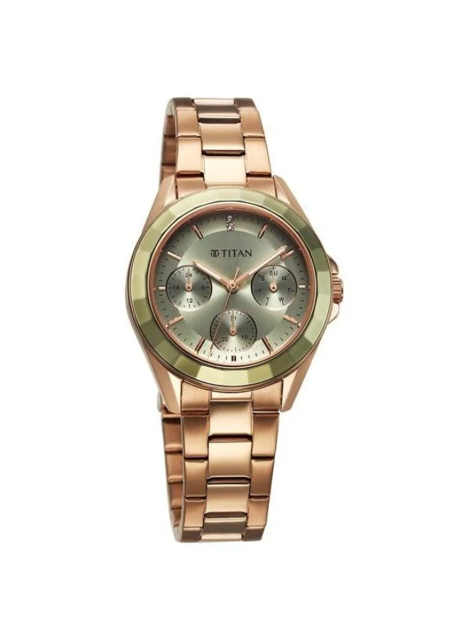 TITAN Glamour Quartz Multifunction Green Dial Rose Gold Stainless Steel Strap Watch for Women - 95315KM03