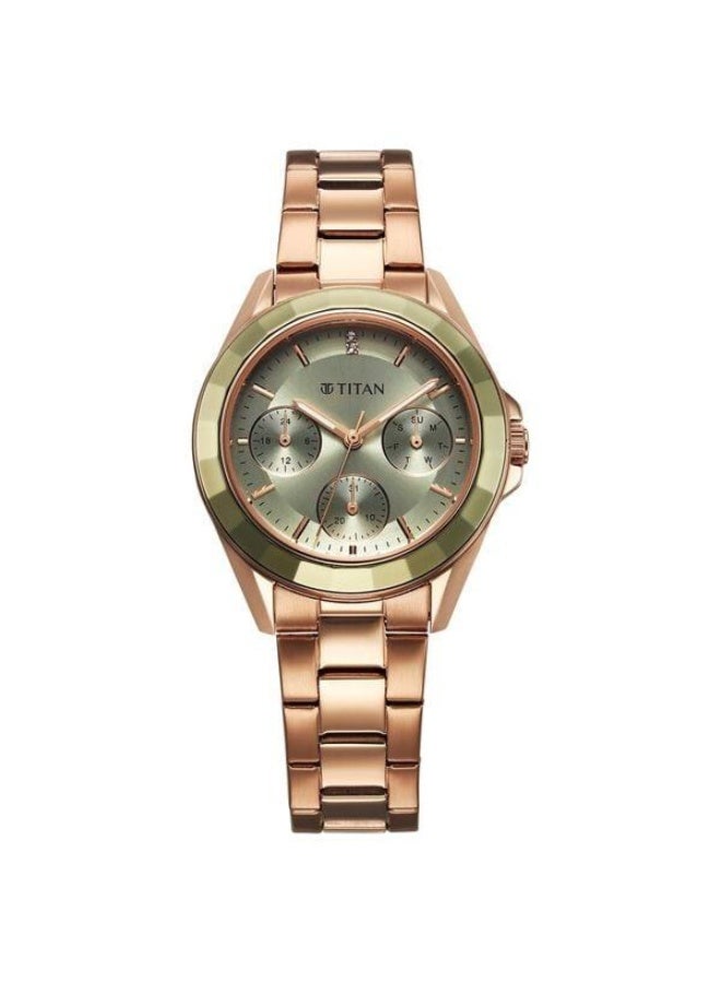 TITAN Glamour Quartz Multifunction Green Dial Rose Gold Stainless Steel Strap Watch for Women - 95315KM03 - Image 1