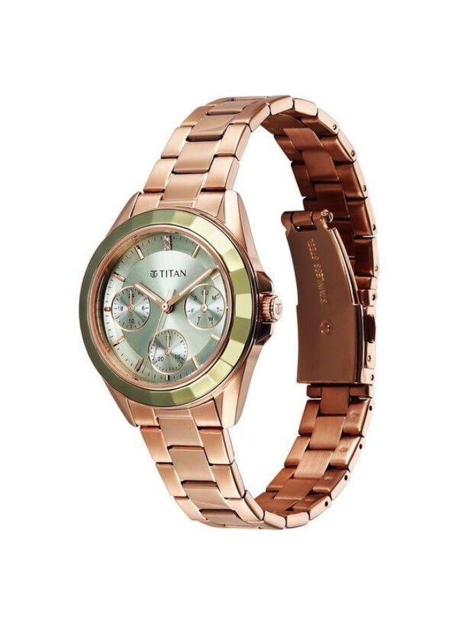 TITAN Glamour Quartz Multifunction Green Dial Rose Gold Stainless Steel Strap Watch for Women - 95315KM03 - Image 3