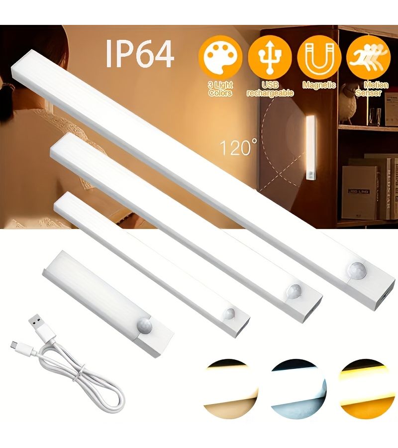 2025 New Magnetic Installation LED Light With Human Motion Sensor 19.69 Inch 2pcs Cold Light 3 Color Adjustable Mode Built In Lithium Battery 200 To 400mAh For Camper Vehicle Bedroom Living Room Cabinet Office - Image 1