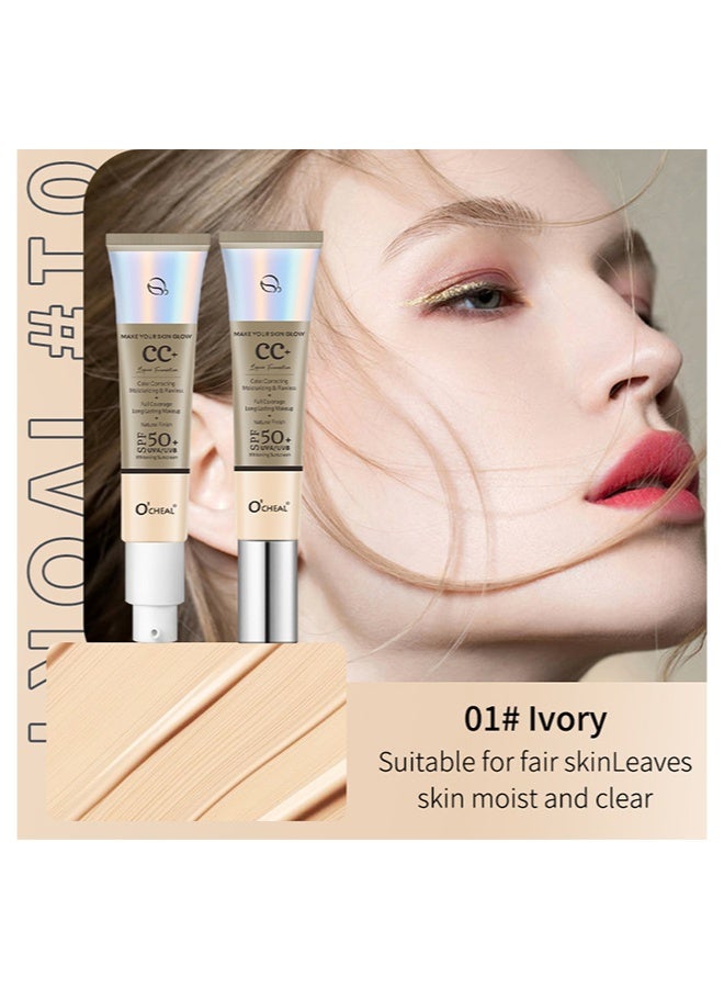 OCHEAL Color Gorrecting Moisturizing & Flawess, Full Coverage Long Lasting Makeup,Natural Finish,Foundation Anti-Redness, Face Cream, Skin Tone Adjusting CC Cream,SPF50+U UVA/UVB Whitening Sunscreen #01 Ivory tint - Image 2