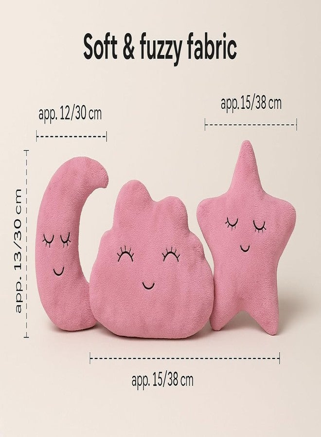 HAPPY BRO Pink Pack of 3 Moon Star & Cloud Shaped Soft Plush Pillows | Cute Decorative Cushions for Sofa, Bed, Nursery & Kids Room - Image 4