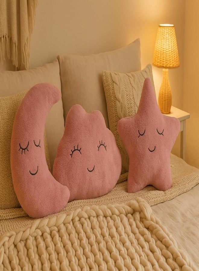 HAPPY BRO Pink Pack of 3 Moon Star & Cloud Shaped Soft Plush Pillows | Cute Decorative Cushions for Sofa, Bed, Nursery & Kids Room - Image 1