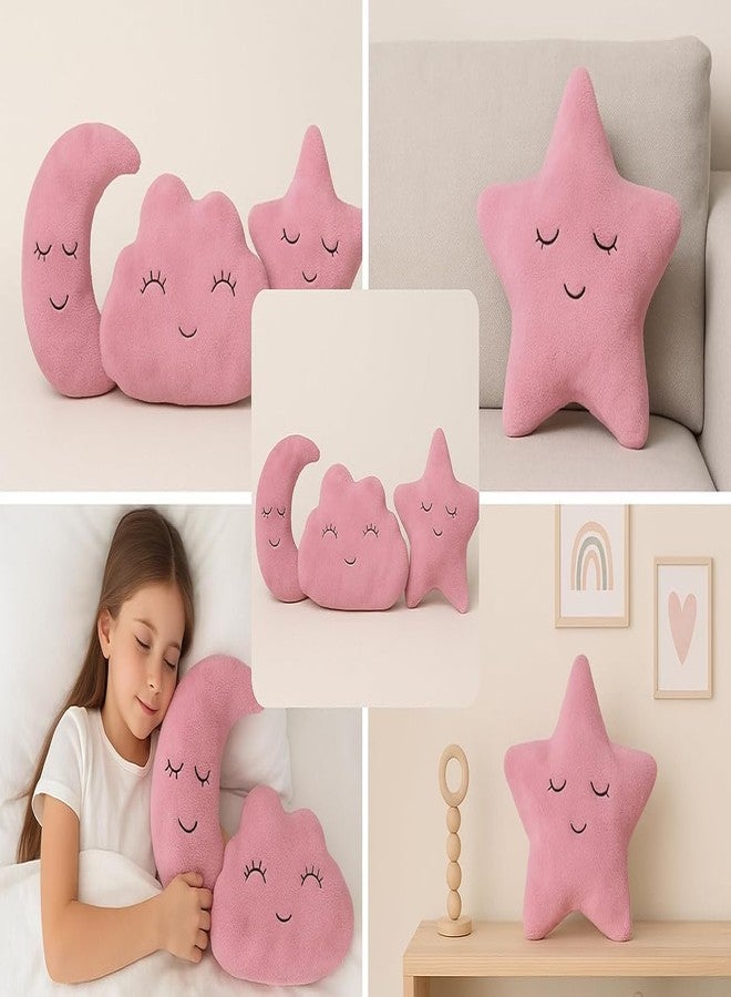 HAPPY BRO Pink Pack of 3 Moon Star & Cloud Shaped Soft Plush Pillows | Cute Decorative Cushions for Sofa, Bed, Nursery & Kids Room - Image 3