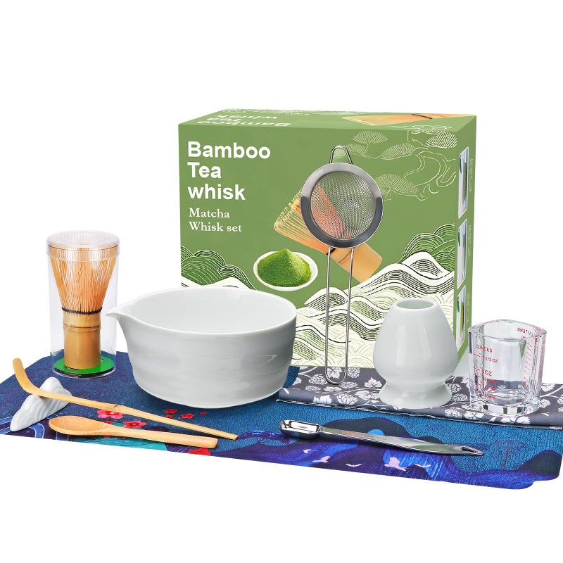 Maredash Matcha Whisk Set,11Pcs Matcha Set,Matcha Kit,Whisk Made from 100% Natural Bamboo, 11-component set for all your matcha-making needs,Contains stainless steel spoon, measuring cup(white) - Image 1