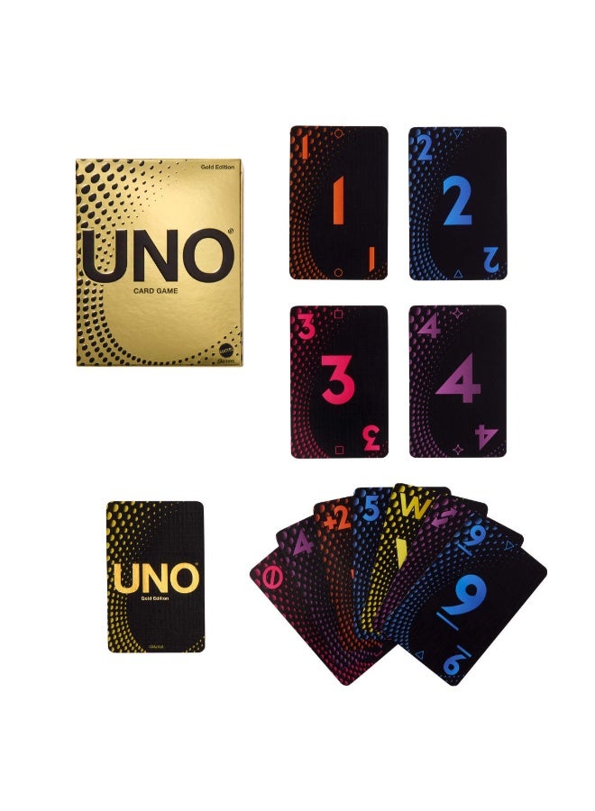 Mattel Games UNO Card Game Gold Edition for Kid, Adult & Family Nights & Parties, Collectible Deck Embossed with Foil Accents - Image 1