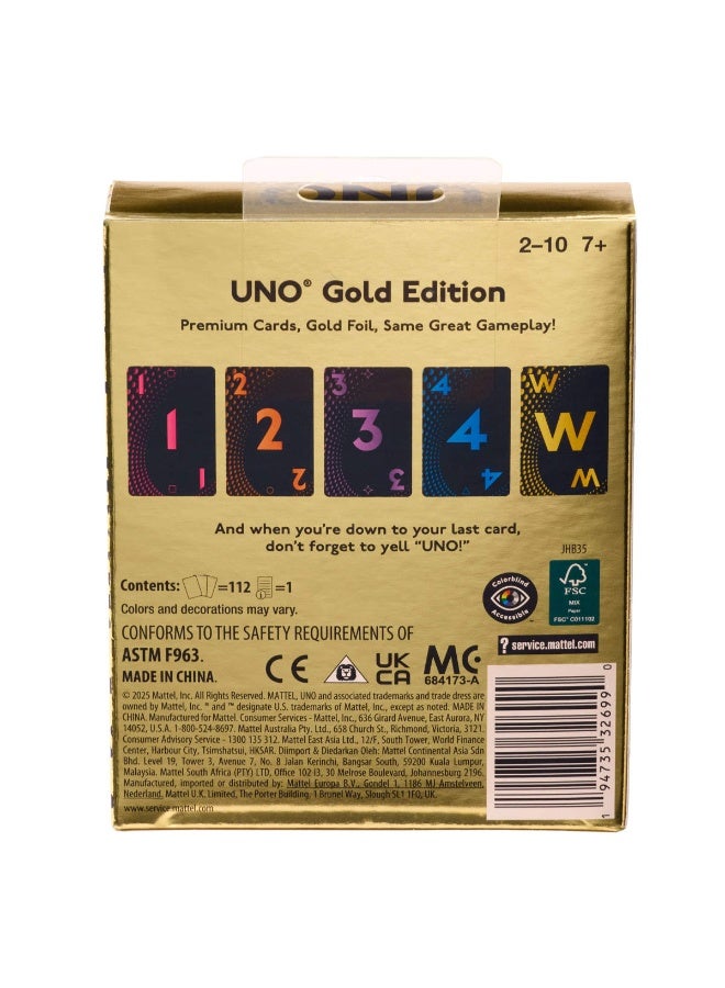Mattel Games UNO Card Game Gold Edition for Kid, Adult & Family Nights & Parties, Collectible Deck Embossed with Foil Accents - Image 3