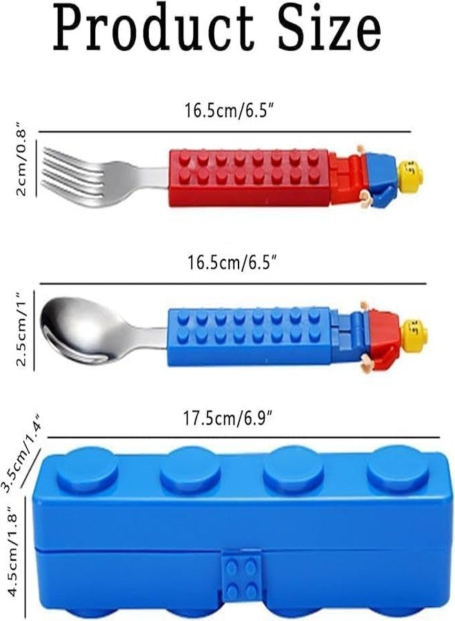 HOMENITY®- 1pc Stainless Steel BPA Free Lego Building Block Theme Spoon & Fork Cutlery Set with Storage Box for Kids | Lego Block Spoon & Fork Set for Birthday Return Gift - Image 3