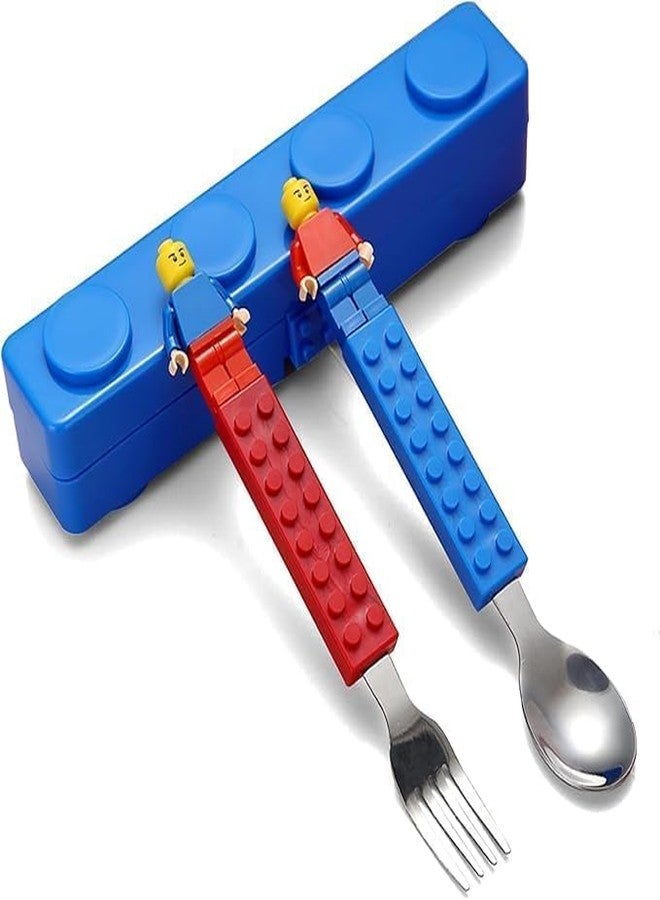 HOMENITY®- 1pc Stainless Steel BPA Free Lego Building Block Theme Spoon & Fork Cutlery Set with Storage Box for Kids | Lego Block Spoon & Fork Set for Birthday Return Gift - Image 1
