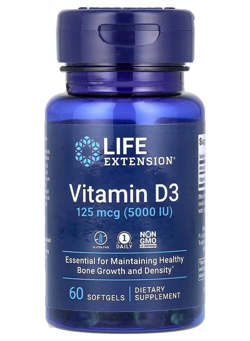 Life Extension Vitamin D3 125 mcg (5,000 IU), 60 Softgels - Image 1