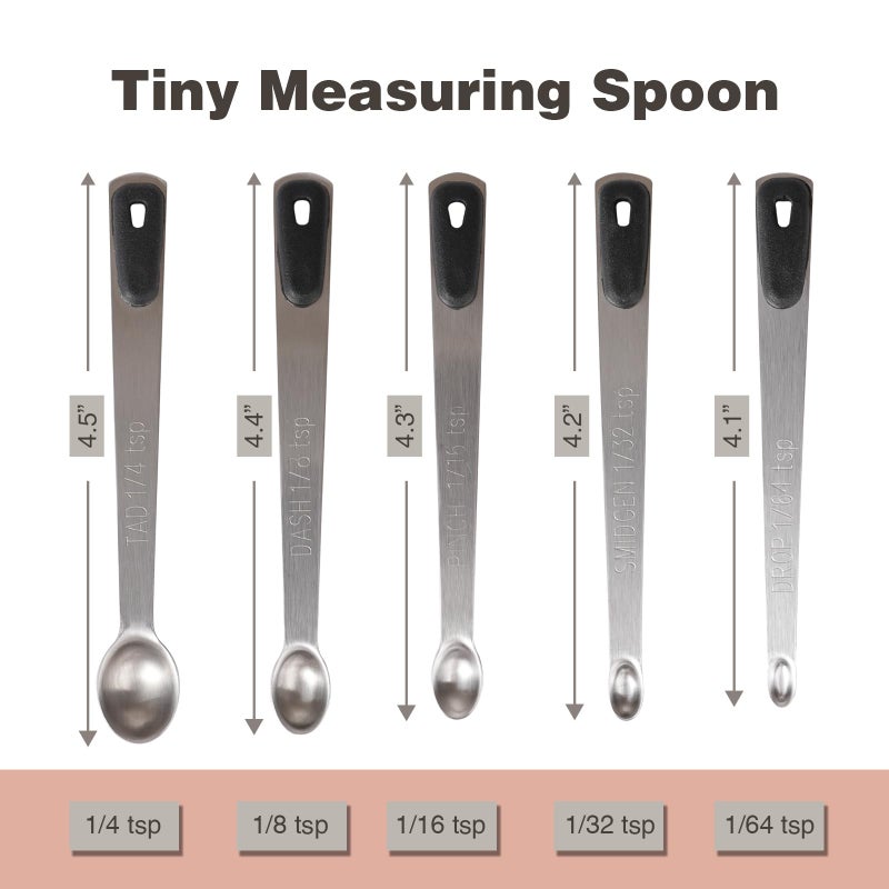 BERYLER Mini Measuring Spoons Set, Tiny Stainless Steel Measure Teaspoons with Black Silicone Handle, Suitable for Small Amount of Dry or Liquid Ingredients and Spices (1/64, 1/32, 1/16, 1/8, 1/4 tsp) - Image 2