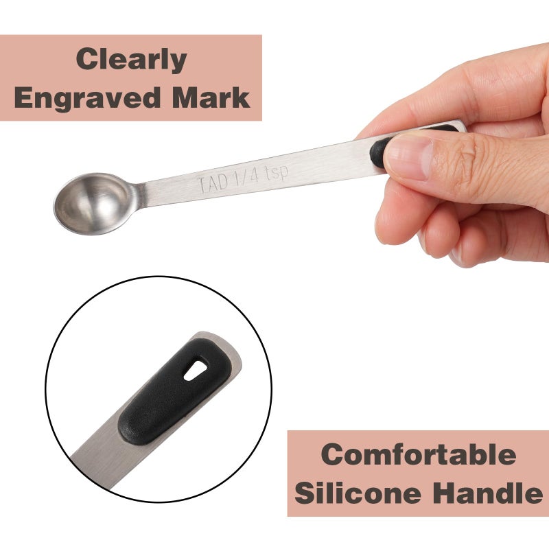 BERYLER Mini Measuring Spoons Set, Tiny Stainless Steel Measure Teaspoons with Black Silicone Handle, Suitable for Small Amount of Dry or Liquid Ingredients and Spices (1/64, 1/32, 1/16, 1/8, 1/4 tsp) - Image 4
