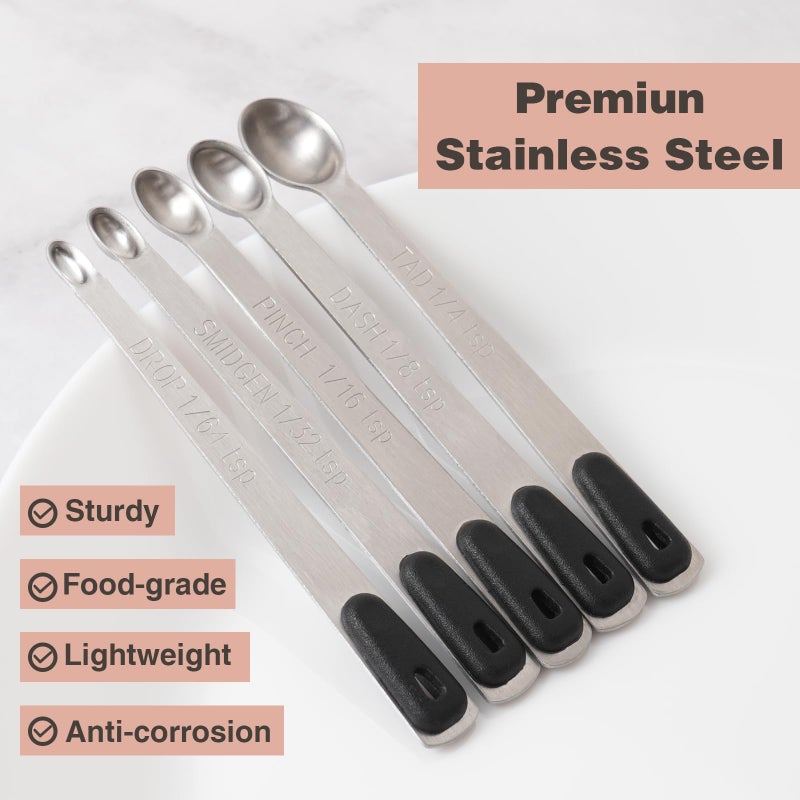 BERYLER Mini Measuring Spoons Set, Tiny Stainless Steel Measure Teaspoons with Black Silicone Handle, Suitable for Small Amount of Dry or Liquid Ingredients and Spices (1/64, 1/32, 1/16, 1/8, 1/4 tsp) - Image 3
