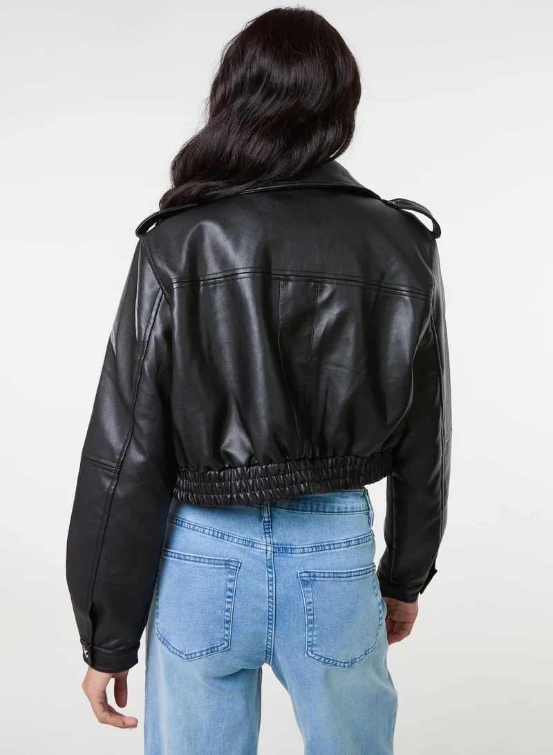 Pink Vanilla Pocket Detail PU Cropped Bomber Jacket