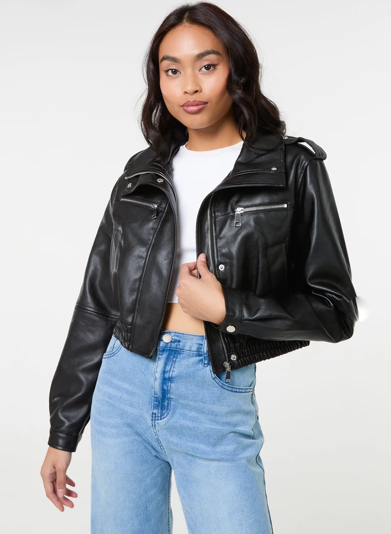 Pink Vanilla Pocket Detail PU Cropped Bomber Jacket