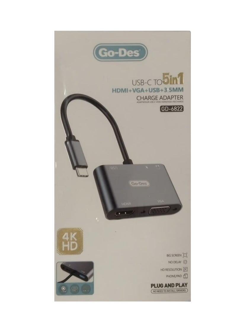 GO-DES Adapter GD-6822 Type C 5 in 1 Multiport Support 4K HD Display Quality - Image 3