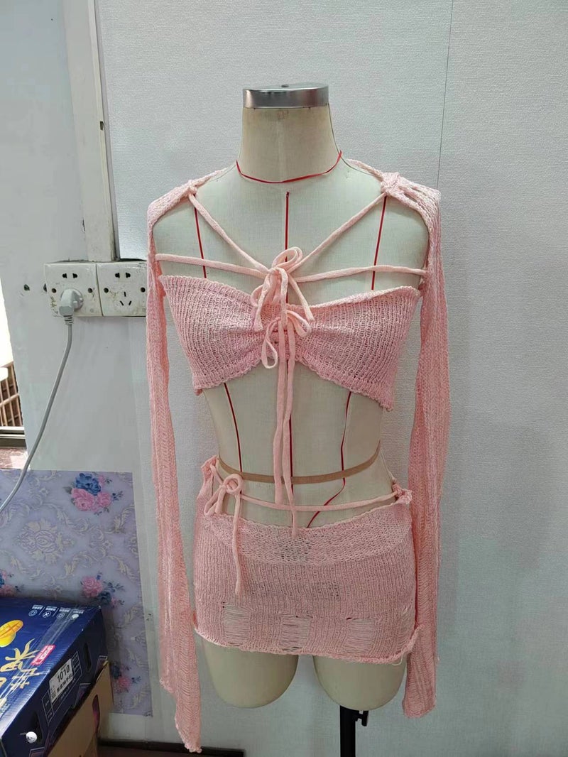 2023 Womens Stylish Knit Crop Top  Skirt Set Pink 