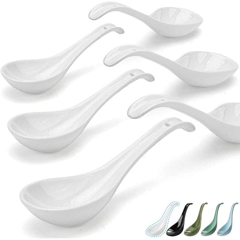 Artena Bright White 675 inch Asian Soup Spoons Set of 6 Ultrafine Porcelain Tablespoon ChineseJapanese Kitchen Soup Spoons for Cereal Ramen Pho  Deep Oval Hook Design