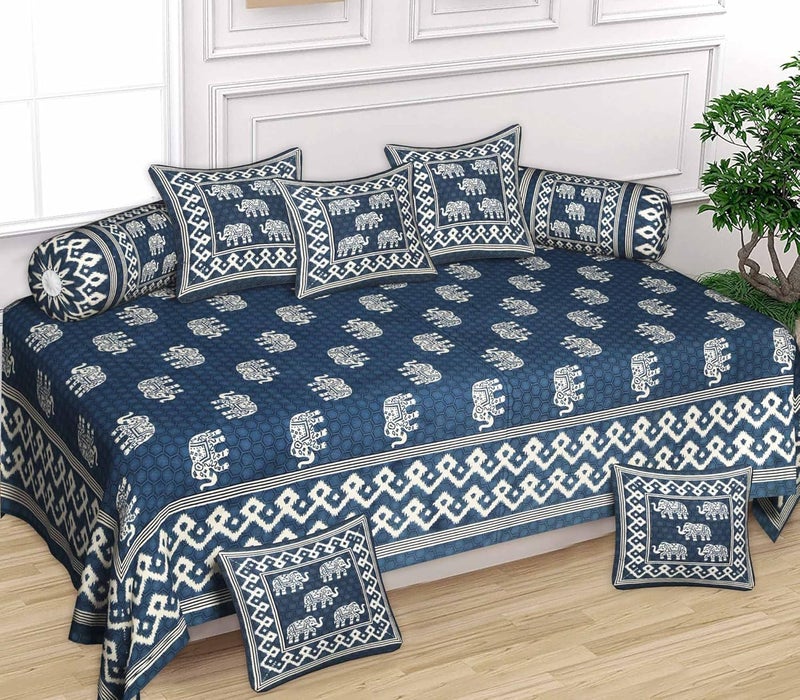 Tenfit TENFIT Maharaja Special Hathi Pure Soft Cotton Diwan Cover Set 8 Pcs Set 5 Cushion Cover2 Bolster Cover1 Bedsheet Dark Blue  - Image 1