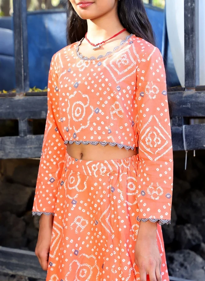 أيه كيه إس Orange Bandhani Printed Lehenga for Girls