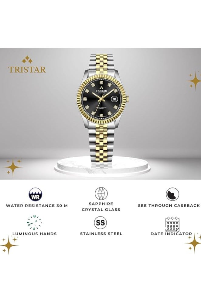 Tristar ساعة أوتوماتيكية يابانية للرجال من سلسلة تريستار RD بقرص أسود وسوار من الفولاذ المقاوم للصدأ بتصميم ثنائي اللون - Image 3